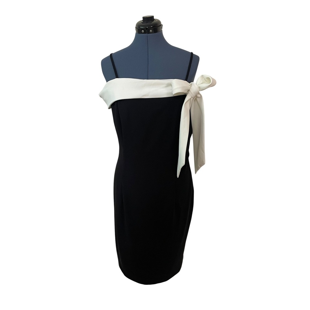 White House Black Market Black White Over the Shoulder Tie Bow Sheath Dress 12 - Picture 3 of 16
